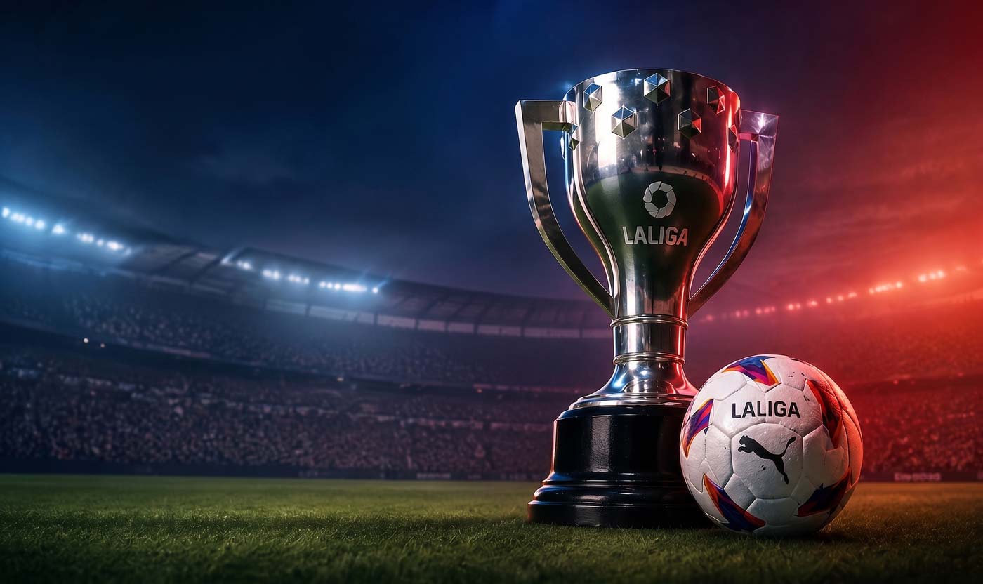 Laliga throphy and Ball on the ground with stadium background